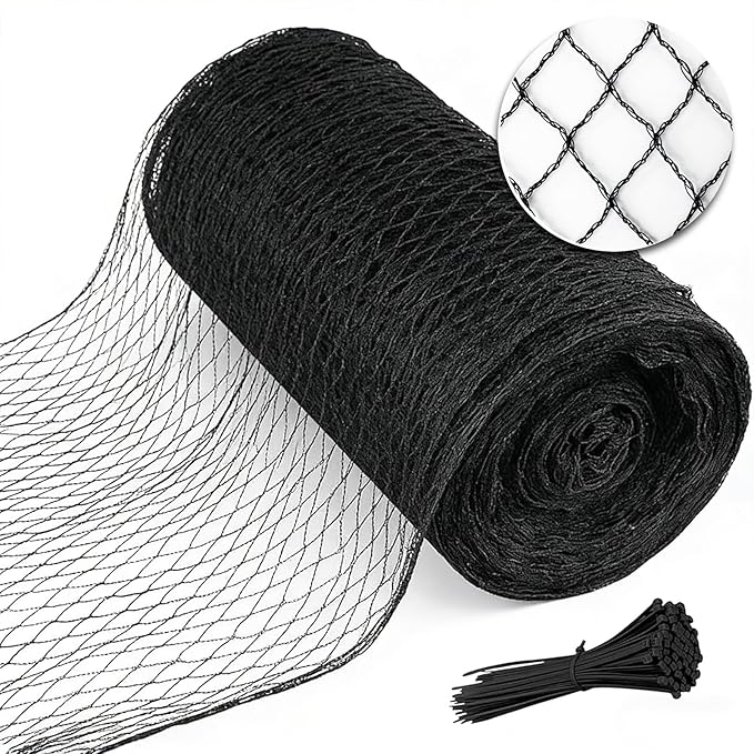 Bird Netting for Garden 50 x 50 FT Heavy Duty Black Garden Netting for Fruit Trees, Chicken Coop, Pond, Blueberry Bushes, Poultry & Deer Netting, HDPE Plant Protection Net Fence with Ties