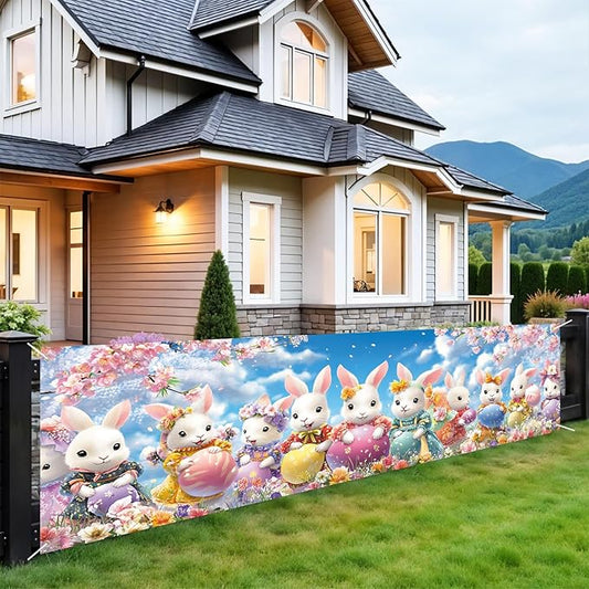 10x3 ft Extra Large Happy Easter Banner Outdoor 115''x35'' Cut Rabbit Banner for Fence Outside Garden Large Bunny Banners Yard