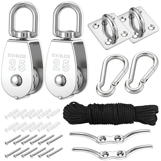 2 Sets M25 Cable Pulley System for Lifting Hanging, Including Heavy Duty Stainless Steel Single Pulley Block with 66FT Nylon Rope, Snap Hooks, Eye Pad Plate, Rope Cleat Hook, Loading 330lb
