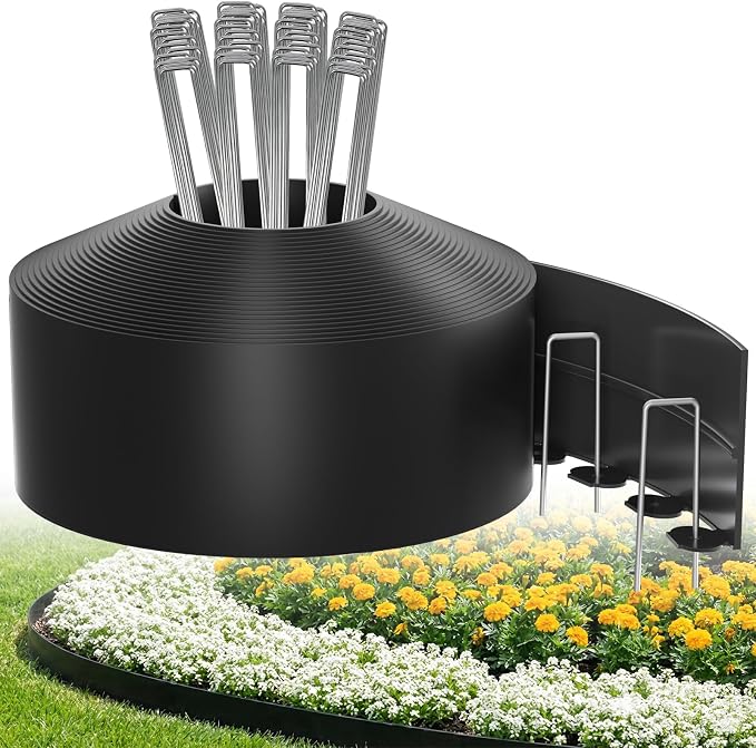 Bluepro 4 Inch 100 ft No Dig Landscape Edging Kit, Upgraded with 150 Heavy Duty Steel Stakes & Reinforced No-Curl Design, Flexible Plastic Garden Border for Flower Beds, Lawns, Yard