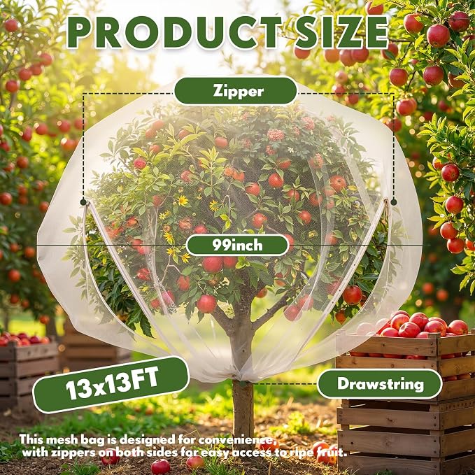 SATINIOR 2 Pcs 13x13ft Large Fruit Tree Netting with Double Zipper Drawstring Bird Netting Fruit Tree Covers Garden Plant for Squirrels Birds Deer Bugs Cherry Blueberry Peach Apple Trees