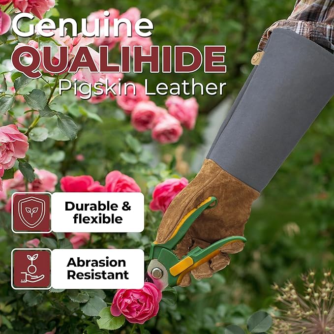HANDLANDY Long Gardening Gloves for Men & Women, Pigskin Leather Rose Pruning Gloves, Breathable Thorn Proof Gauntlet Glove (Steel Gray, S)