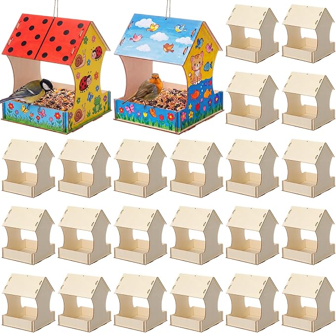 DoubleFill 24 Pack Wooden Bird Feeder Kits, DIY Bird House Kits, Build and Paint Craft for Adults, Unfinished Birdhouse Wood Craft for Educational Fun Art Outdoor Activities Gift