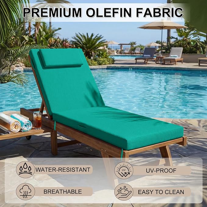 Outdoor Chaise Lounge Cushions, 72x21 Inch Olefin Water & Fade Resistant Pool Lounge Chair Cushions, Patio Sun Lounger Pad with Pillow & Straps for Patio, Pool, Deck, Lawn, Lake Blue