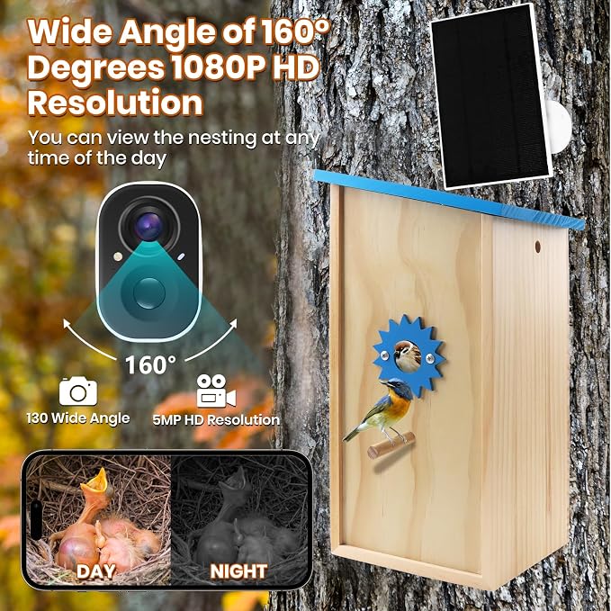 Smart Solar Birdhouse with Camera, 1080P HD Wireless Bird House Camera with Motion Detection & Auto-Capture, Perfect for Wild Bird Watching Enthusiasts