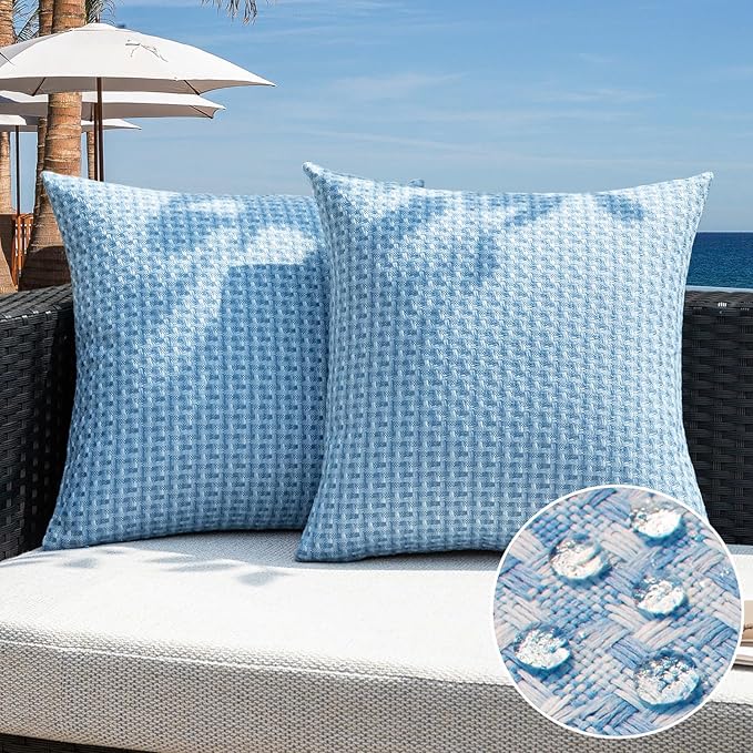 Kevin Textile Outdoor Waterproof Throw Pillow Covers Pack of 2 Farmhouse Decorative Cushion Covers for Garden Patio Tent Balcony Bench Couch Sofa 20x20 Inch, Light Blue