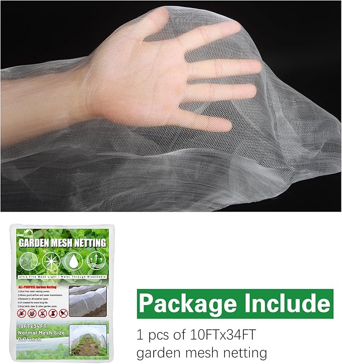 SnugNiture 3 Pack Garden Netting 10x34FT Ultra Fine Mesh Mosquito Netting Plant Covers, White Bird Netting Barrier Greenhouse Row Cover Protect Fruits Flower Vegetables from Birds Deer & Squirrels