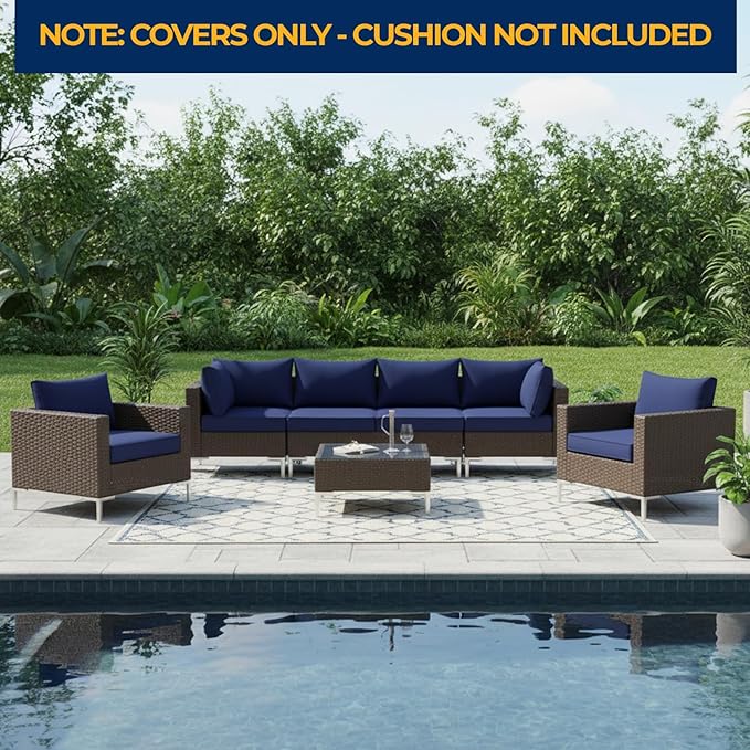 HOMREST 14-Piece Outdoor Cushion Covers Set for Patio Furniture, Reversible Double-Sided Sofa Slipcovers with Zipper, Water-Repellent Replacement Covers Only (Navy, 25.6×25.6×3.9in)