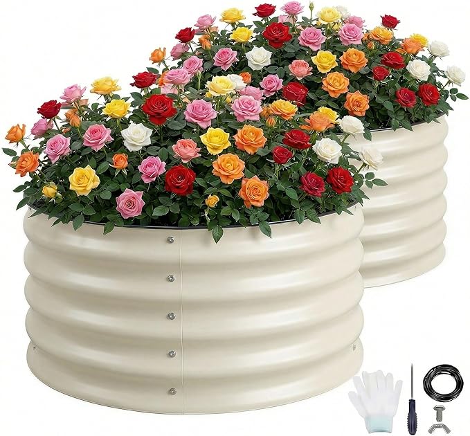Sponvatt 2 Pcs Round Galvanized Raised Garden Bed Kit 24 x 12 Inch Metal Planter Box Outdoor with Safety Rubber Edge Trim Rust Proof Weather Resistant Circular Steel Garden Beds White 12 Inch Deep