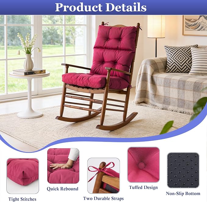 Rocking Chair Cushion, Waterproof and Fade-Resistant Adirondack Rocker Cushions, Indoor/Outdoor Rocking Chair Pads, High Back Memory Foam Patio Furniture Cushions with Ties, 44x23x4 Inch, Burgundy