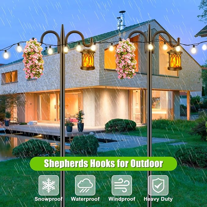 Gtongoko Bird Feeder Pole for Outdoors Heavy Duty, 92 Inch Double Shepherds Hook with 5-Prong Stable Base, 3/4 Inch Thick Hummingbird Feeder Stand for Hanging Plants, Lanterns, 1 Pack