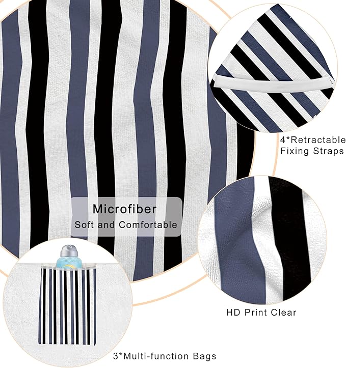Lounge Chair Towel Cover, Beach Chair Covers (Pack of 2), Chaise Lounge Cover with 3 Pockets for Pool Beach Garden Courtyard Outdoor Trips, 85 x30 in, Striped Black Gray