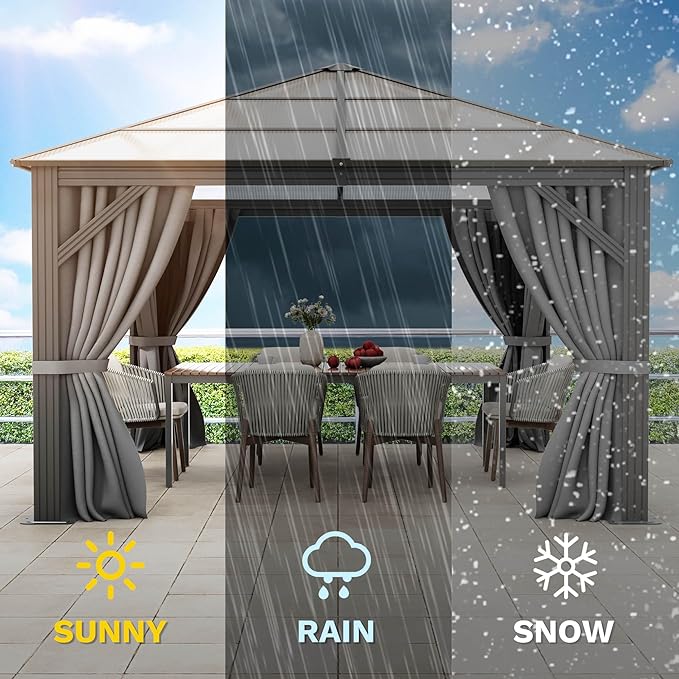 DWVO 10x10ft Hardtop Gazebo Polycarbonate Canopy Outdoor with Netting and Shaded Curtains, Metal Frame Garden Tent for Patio, Backyard, Deck and Lawns, Gray