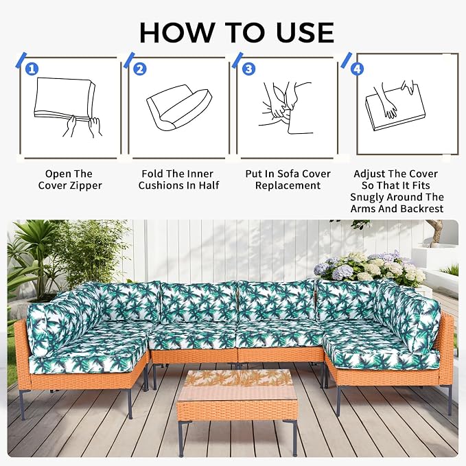 14 Piece Outdoor Patio Cushion Covers Replacement Waterproof with Zipper for 6-Seater Sectional Couch Chair Patio Furniture Conversation Sofa Seat Cushions Slipcovers Set, Only Cover