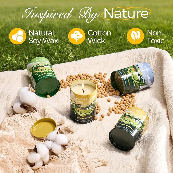 M&SENSE Citronella Candles Outdoor–80 Hour Burn, 4 * 3.5oz Natural Non-Toxic Soy Wax, Outdoor & Indoor Use for Patio, Camping, Home