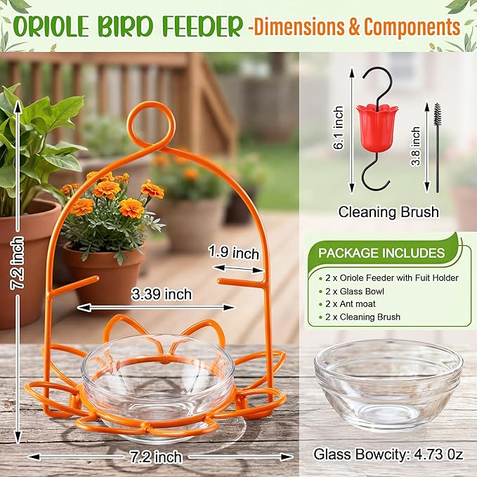 2 Pack Oriole Feeder for Outdoors, Metal Oriole Bird Feeder with Jelly Cup & Orange Pegs, Includes Ant Moat & Cleaning Brush, Hanging Bird Feeders for Backyard & Garden