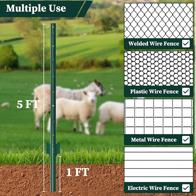 10 Pack Metal Garden Fence Posts 5 FT Green – Heavy Duty U-Post for Wire Fencing, No-Dig Fence Stakes for Temporary Fencing, Corner Anchor Posts, Rustproof Powder-Coated Steel for Farm, Yard & Garden
