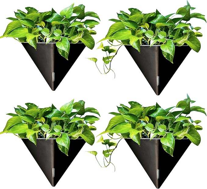 LaLaGreen Wall Planters for Indoor Plants - 4 Pack, 12 Inch Large Self Watering Black Geometric Hanging Flower Vase Vessel with Metal Hanger, Modern Stylish Wall Mounted Succulent Pot Holder Decor