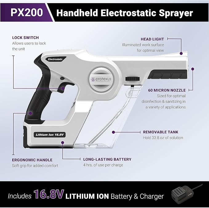Protexus Handheld Electrostatic Sprayer, Disinfectants and Sanitizers, Cordless Electric Spray Gun, Fogger Machine, 34oz Removable Tank, 4Hr Battery Runtime, 60-Micron Nozzle, Covers 2,800Sq Ft