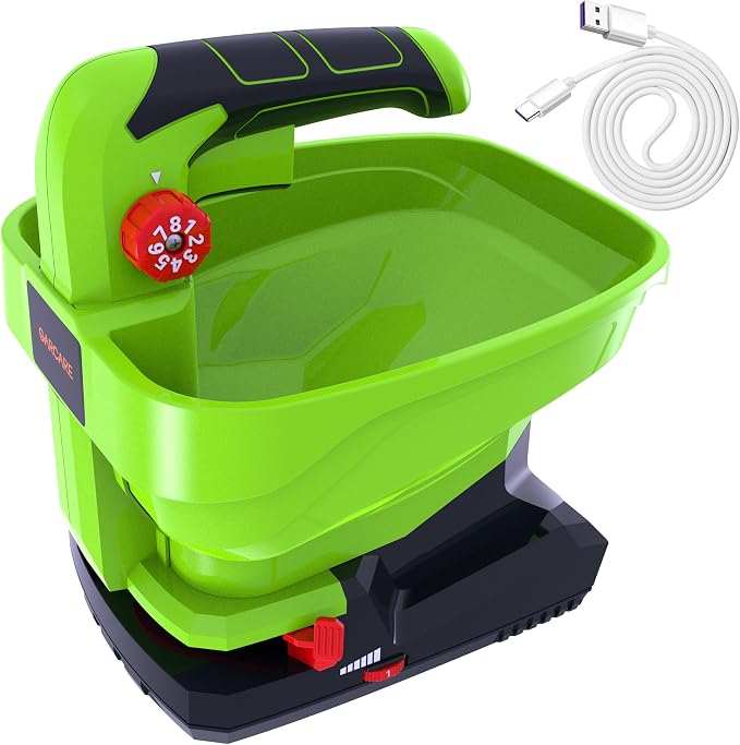 GARCARE 7.2V Rechargeable Seed Spreader-Power Spreader for Grass Seed Fertilizer Rock Salt and Ice,2000mAh Built-in Lithium Battery with USB Charging Cable