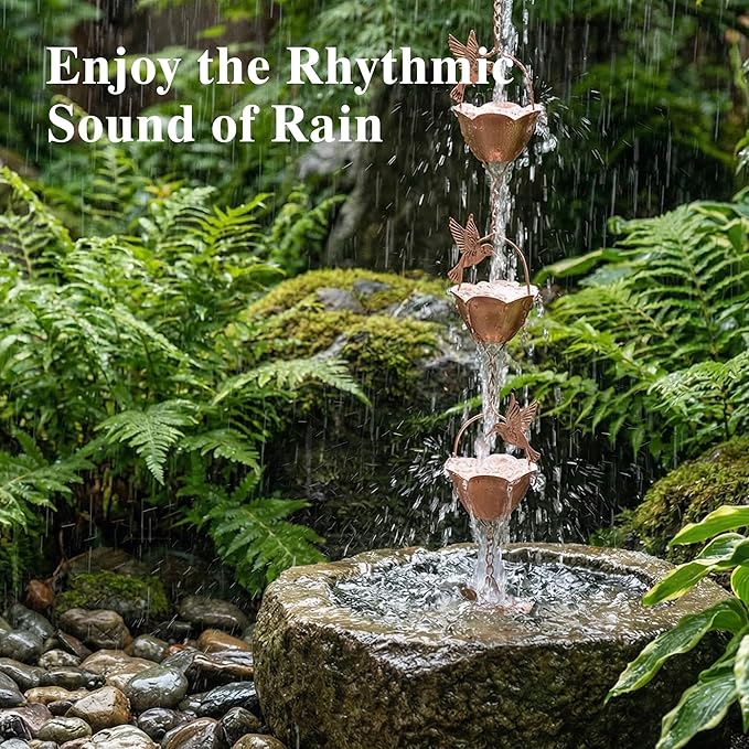 Topadorn Hummingbird Rain Chain, 7.85 ft Decorative Metal Gutter Chain with 12 Cups, Weatherproof Water Diverter for Outdoor Garden