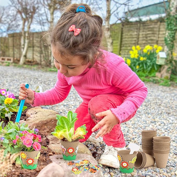 Ayfjovs Garden Paper Pot Craft Kit, 55 Pack Flower Plant Spring Craft for Kids with 200 PCS Adhesive Foam Stickers and 55 PCS Plastic Plant Labels for Kids Craft, Classroom Decor, Mother's Day