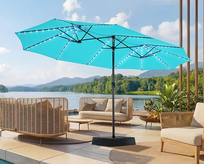 SUPERJARE 15ft Large Patio Umbrella with Base included, Double Sided Outdoor Umbrella with Solar Lights, Pool Umbrella with Fade Resistant Canopy for Deck, Porch, Yard, Balcony, Light Blue