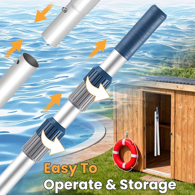 Pool Pole, 12FT Telescopic Pool Cleaning Pole, Professional Aluminum Swimming Pool Poles, 1-1/4" Universal Connector for Skimmer Net, Brush & Vacuum Head