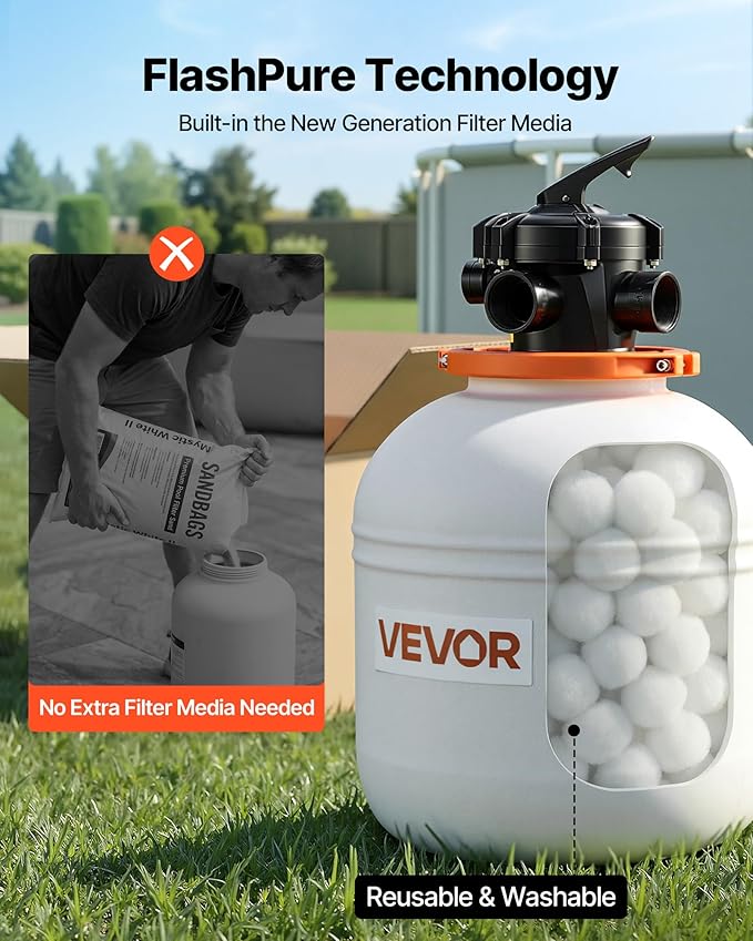 VEVOR FlashPure Sand Filter Pump, 16 in for Above Ground Pool, 1 HP 4400 GPH, Swimming Pool Filter System with Timer, 6X Faster Filtration with Media Installed, Leak-Resistant, Ready to Use Out of Box