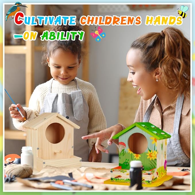 Liliful 24 Pack DIY Wooden Birdhouse Kit, Crafts for Kids and Adults, Bird House with Paint and Paintbrushes Painting Kits for Boys and Girls, Spring Birthday Classroom Gifts for Ages 4-8
