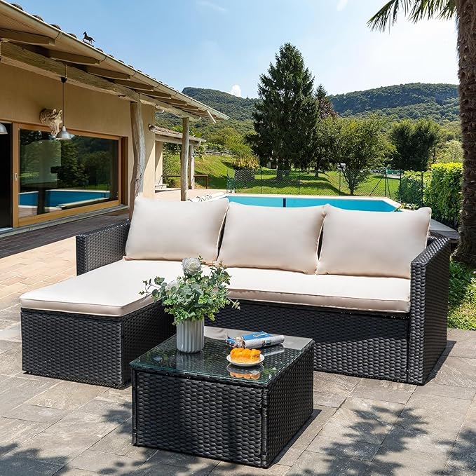 Shintenchi 4 Pieces Patio Furniture Sets, Outdoor Sofa Patio Sectional Sets All Weather, Wicker Rattan Seating Sofa Couch withwith Cushions & Coffee Table for Yard, Garden, Porch, Poolside (Beige)