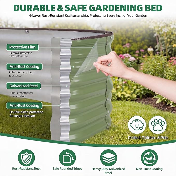 3 Pcs Raised Garden Beds Outdoor, 17" Tall 3-in-1 Modular 4x2ft Galvanized Metal Planter Box with Bracing Rods and Gloves for Vegetables Flowers Herbs, Olive Green