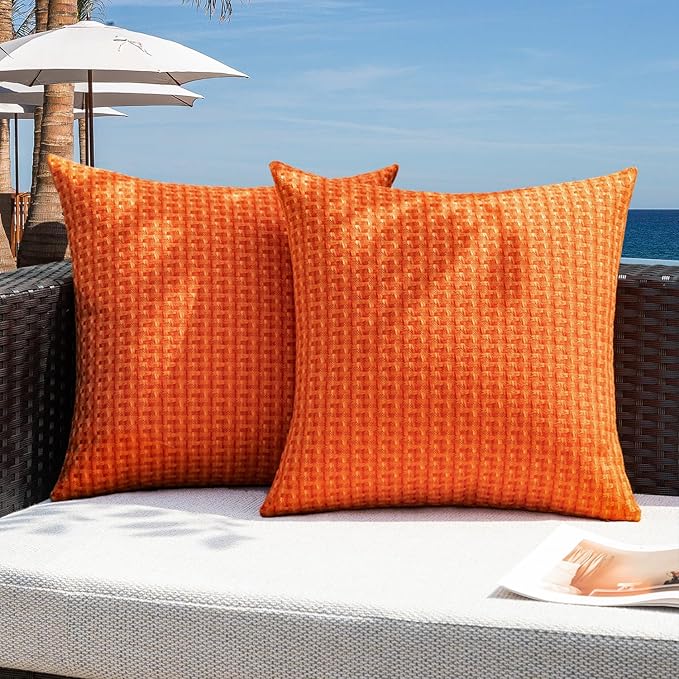 Kevin Textile Fall Outdoor Waterproof Throw Pillow Covers Pack of 2 Farmhouse Decorative Cushion Covers for Garden Patio Tent Balcony Bench Couch Sofa 20x20 Inch, Orange