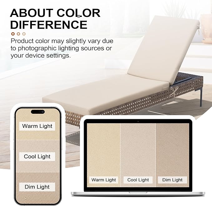 Crestlive Outdoor Chaise Lounge Cushions, 3 Years Fade Resistant Water Resistant Lounge Chair Cushion, 72''L x 21''W, Set of 2, Beige