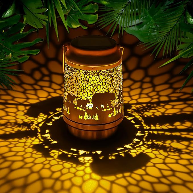 Bear Birthday Gifts for Women Mom Grandma, Solar Lanterns Outdoor Waterproof Garden Decor Hanging Lantern Lights, Metal LED Decorative Gardening Light for Patio Yard Lawn Porch