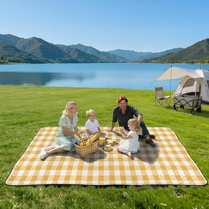 TigeJoy Extra Large Picnic Blanket Waterproof Foldable 80''x118'', Outdoor Picnic Mat Beach Blanket Sandproof for Park, Grass, Travel, Hiking, Camping Essentials, Gingham Picnic Blanket