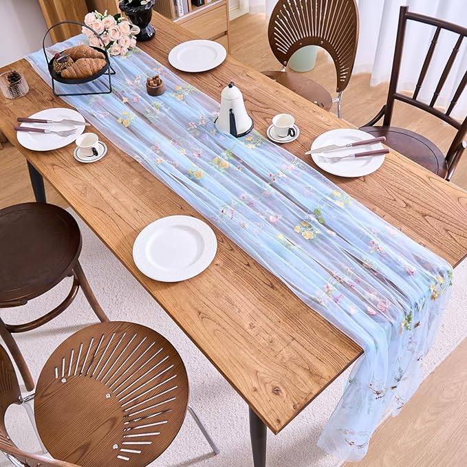 vctops 2 Packs Embroidery Lace Spring Table Runner 10ft Floral Garden Seasonal Tulle Table Runner Holiday Kitchen Dining Table Decoration for Wedding Party Baby Shower Birthday (Blue,30"x120")