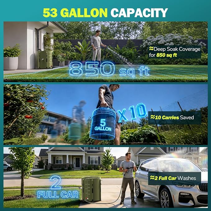 SKM Collapsible Rain Barrel, 53 Gallon Portable Rain Water Collection System to Collect Rainwater from Gutter, Foldable Water Storage Tank with Spigot for Garden, Lawn & Outdoor Plant Watering, Green