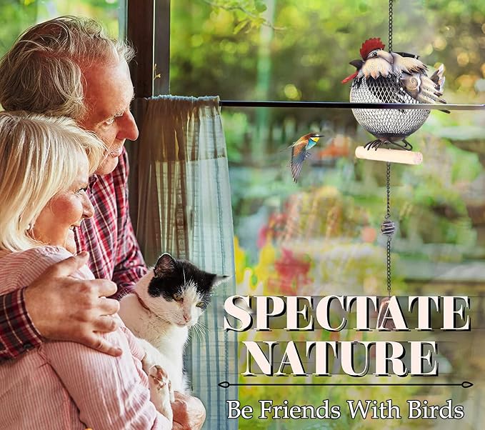 Solar Rooster Bird Feeder Squirrel Proof for Outside - Unique Cute Metal Animal Shaped Wild Bird Feeder with Solar Light, Wind Chime, Gift for Bird Lovers(Rooster)