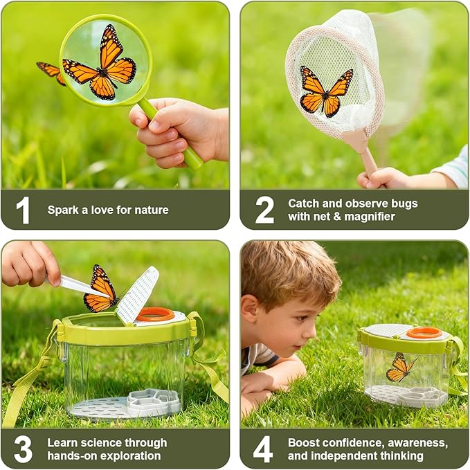 Dreamon Kids Gardening Tools & Bug Catcher Kit, 2-in-1 Outdoor Toys with Wheelbarrow and Bug House, STEM Educational Toys for 3 Year Old, Birthday Gifts Outdoor Gifts for Kids 3-5