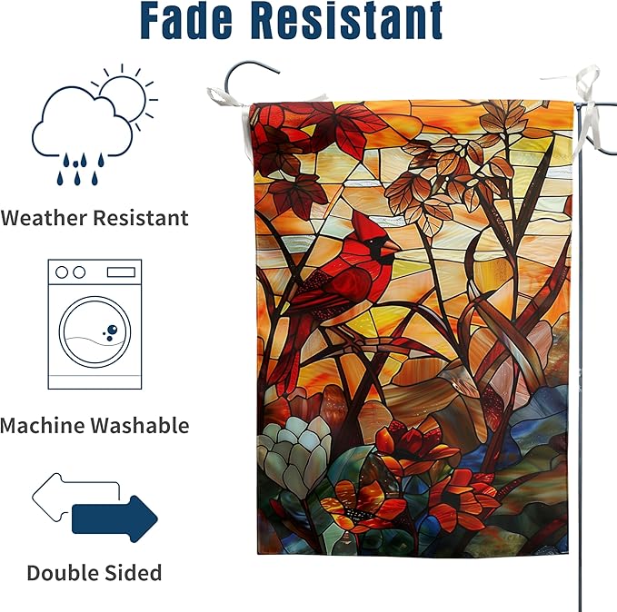 Stained Glass Cardinal Birds Garden Flag Spring Summer House Flag Fall Floral Decorative Yard Flags for Outside 28x40 Double Sided Large Seasonal Lawn Flags Rustic Outdoor Decor