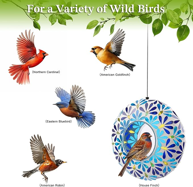 SAVENNA Mosaic Glass Hanging Bird Feeder, 8 Inch Handcrafted Outdoor Feeder with Steel Wire Rope, Decorative Garden & Patio Feeder for Wild Birds, Blue Geometric Mosaic Design