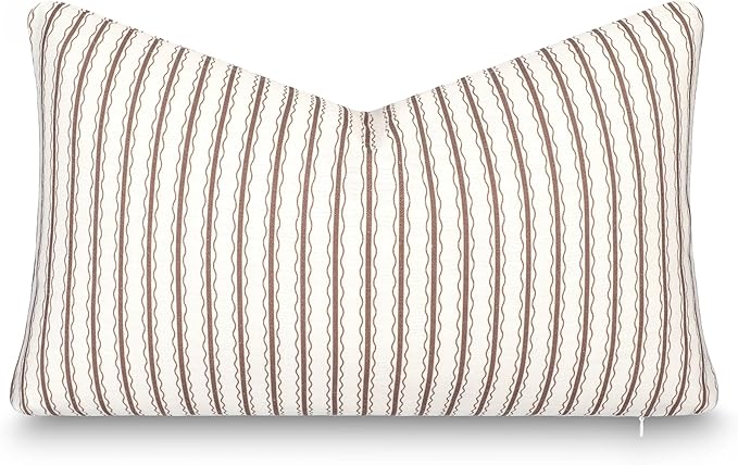 Crumbs Home Modern Farmhouse California Casual Indoor Outdoor Lumbar Pillow Cover, 12"x20" Water Repellent for Patio, Backyard, Couch, Poolside, Cocoa Brown Print Wave Stripes