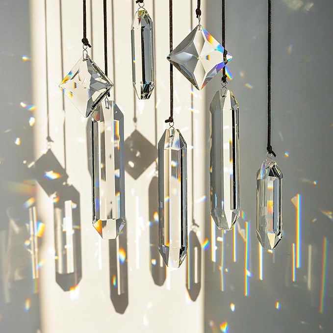 HDCRYSTALGIFTS Set 7 Clear Crystal Prisms Suncatchers Hanging Glass Ornament for Christmas Tree,Rainbow Maker Sun Catchers for Windows Home Garden Decoration,Modern Grief Gift