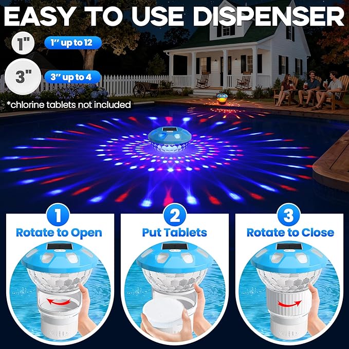 ChlorBlu 2026 Upgrade Solar Chlorine Floater, Chlorine Floater Colorful Lights, Buttons Control Floating Chlorine Dispenser for Pool,Adjustable Pool Chlorine Floater,Large Chlorine Pool Floater,White