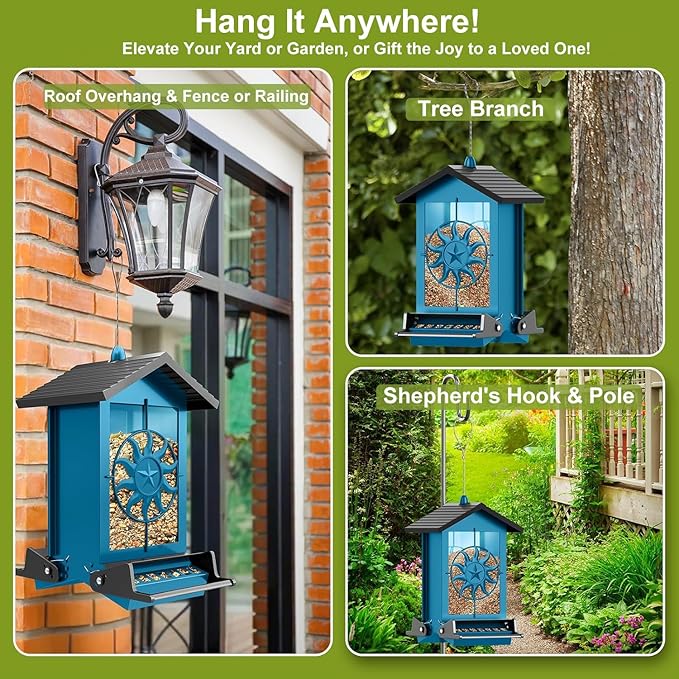 Squirrel Proof Bird Feeders for Outdoors with Weight-Activated, 5LB Large Metal Wild Bird Feeders for Cardinals,Blue Jay,Finch, Weatherproof Durable Hanging Bird Feeder for Backyard,Garden (Blue)