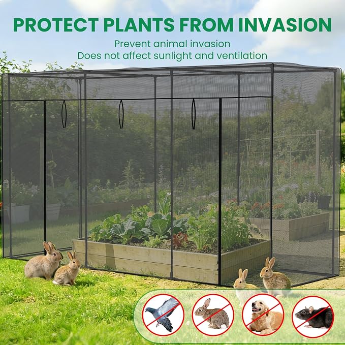 SUNYRISY Garden Plant Netting Crop Cage for Garden Raised Bed, 9.8 x 3.3 x 6 Ft Plant Cover Cage Protectors from Animal for Outdoor Plants with Frame and Zippered Door, Black