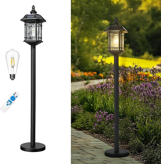 Emliviar Outdoor Solar Floor Lamp with Remote Control, Waterproof Solar Powered Path Lighting in Black Finish, LED Portable Street Light with Water Grain Glass, 2084PL-ML SL BK