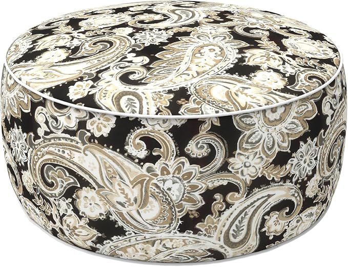 LVTXIII Indoor/Outdoor Inflatable Ottoman with Handle D21 x H9 Inch, Weather-Resistant Round Footstool Pouf for Patio Camping Living Room, Portable Footrest Extra Seating, Paisley Black