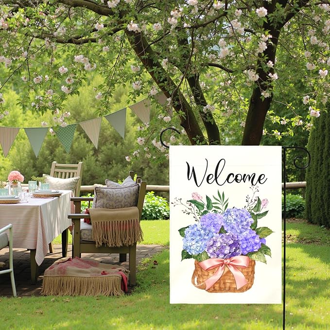 Hydrangea Spring Garden Flag Welcome Summer Yard Flags Blue Hydrangeas Floral Basket Double Sided House Banners Front Porch Patio Lawn Seasonal Flowers Outside Yard Outdoor Decor 12x18 Inch